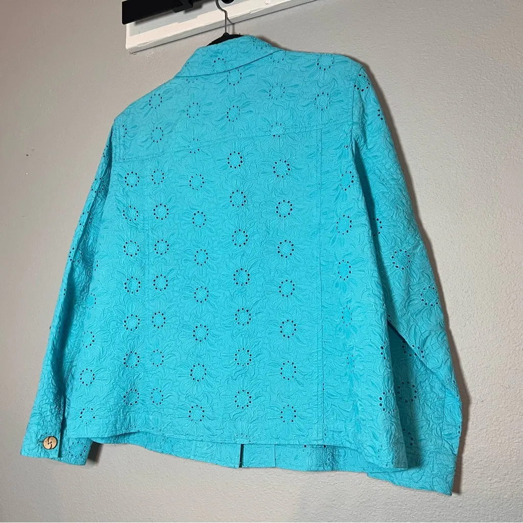 Coldwater Creek Button Up Jacket Blouse Bright Blue Cotton Eyelet Size 1X - Image 7