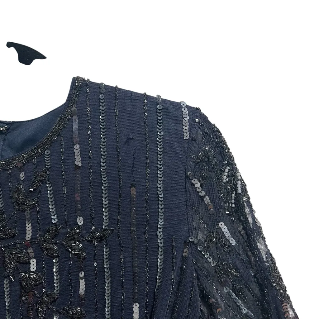 NEW NWT Mac Duggal Embellished High Neck Illusion Long Sleeve Gown Navy Blue - Image 5