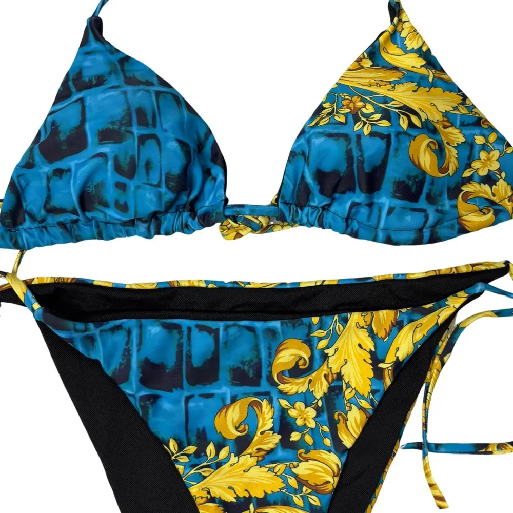 2 Piece Blue and Yellow Side Tie Swimsuit Set Size M - Image 2