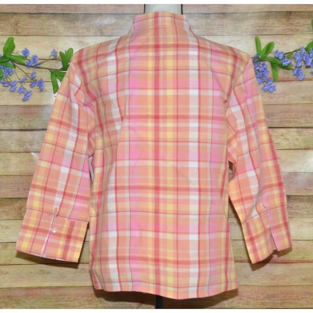 Talbots Ladies L Petite Peach Plaid Button Up Shirt Irish Linen Blend 3/4 Sleeve - Image 5