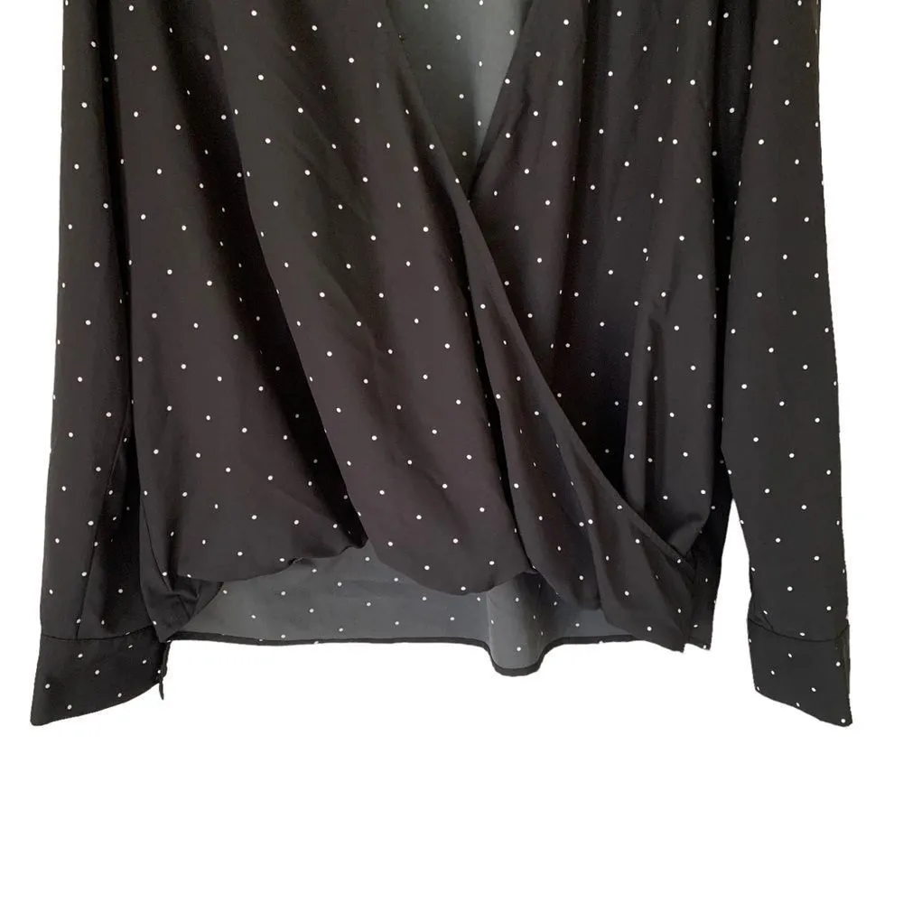 a new day‎ Black & White Large Polka Dotted Wrap Style Blouse Long Sleeve Flowy - Image 4
