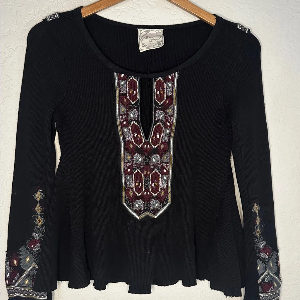 Free People x Marion Black Embroidered Waffle Thermal Top Long Sleeve Boho Flare - Image 2