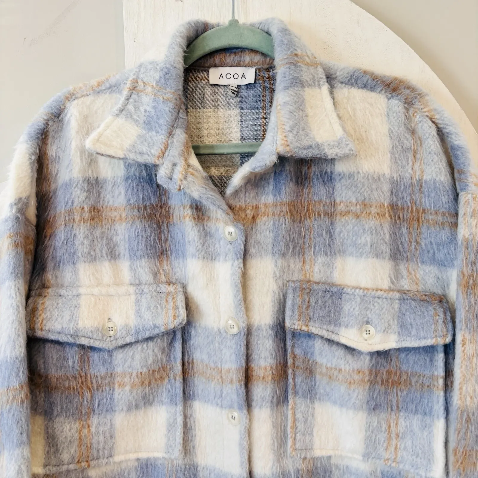ACOA Plaid Shacket Blue Beige Fuzzy Button Front Chest Pockets Jacket Size S/M Size M - Image 5