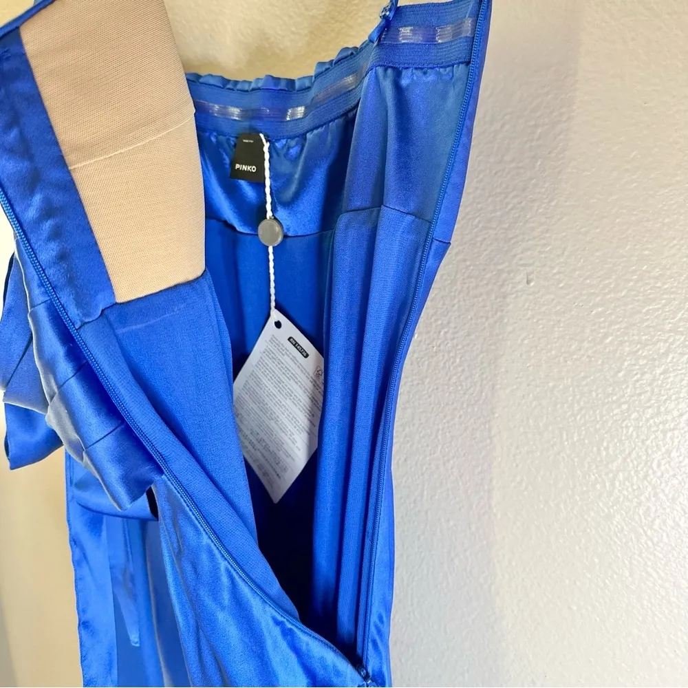 NWT Pinko Curtis Abito Ultra Blue Satin Flowy High Low Formal Midi Dress Size 10 - Image 12