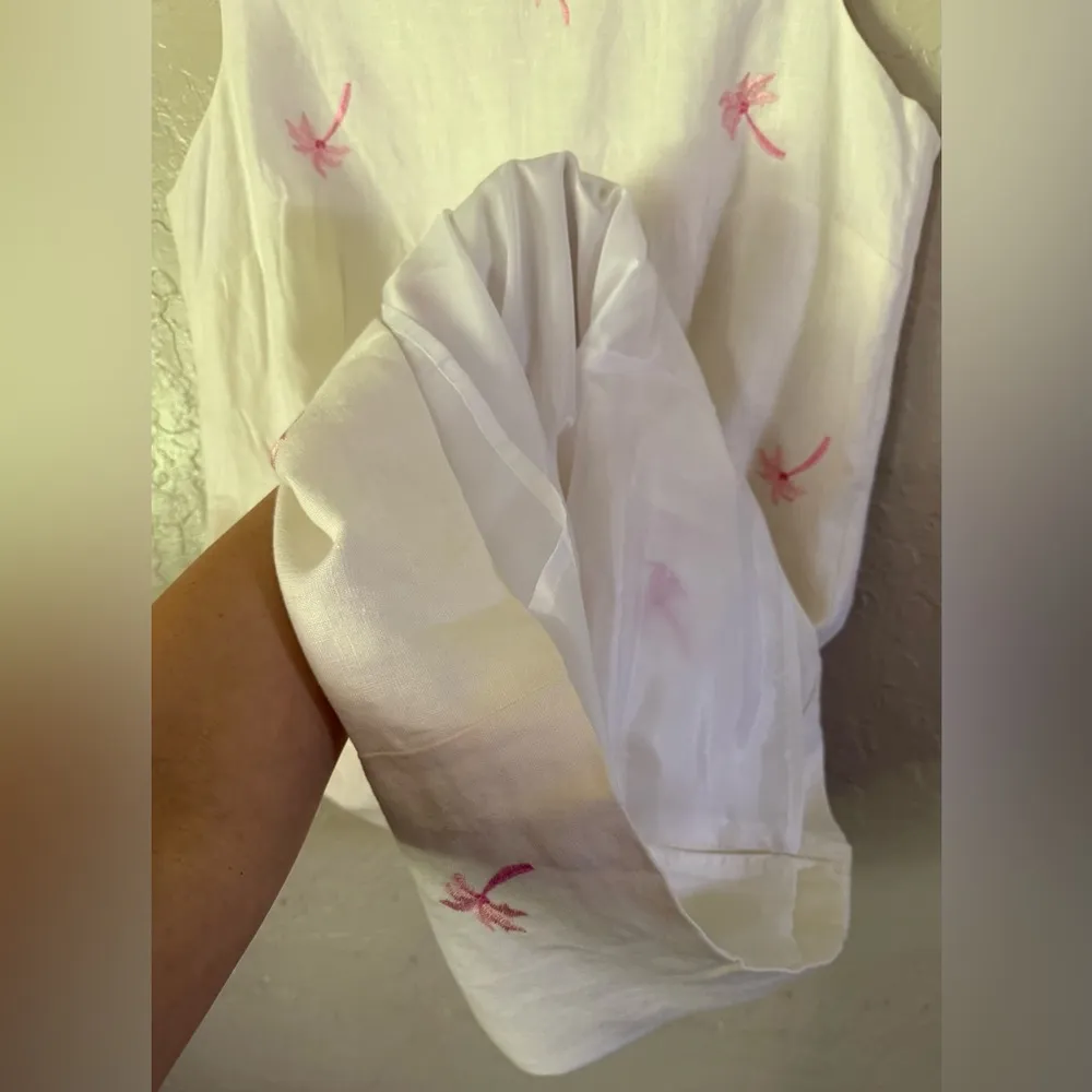 Real Comfort Linen White w/Pink Embroidered Palm Trees SL Lined Dress Size 12 - Image 6