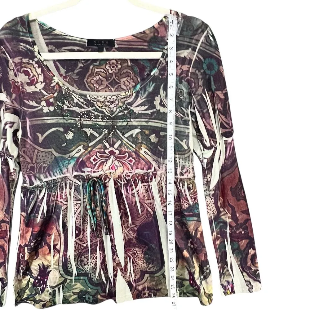 BLEU Y2K Blouse S Multicolor Floral Paisley Embellished Fairy Grunge Boho Top Brown - Image 9