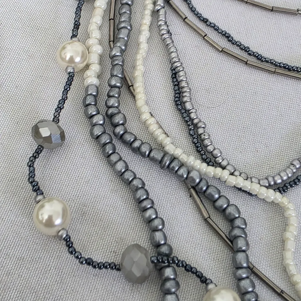 Silver Statement Long Multi Strand Necklace and Earrings Set - Image 6