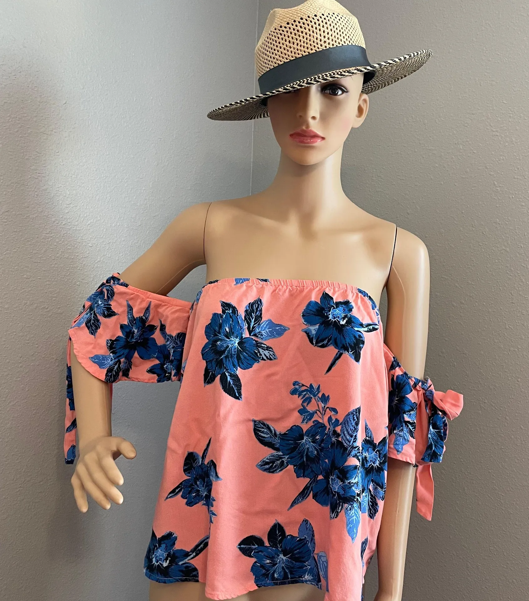 Gypsies & Moondust Off The Shoulder Coral Blue White Blouse Size Large - Image 1