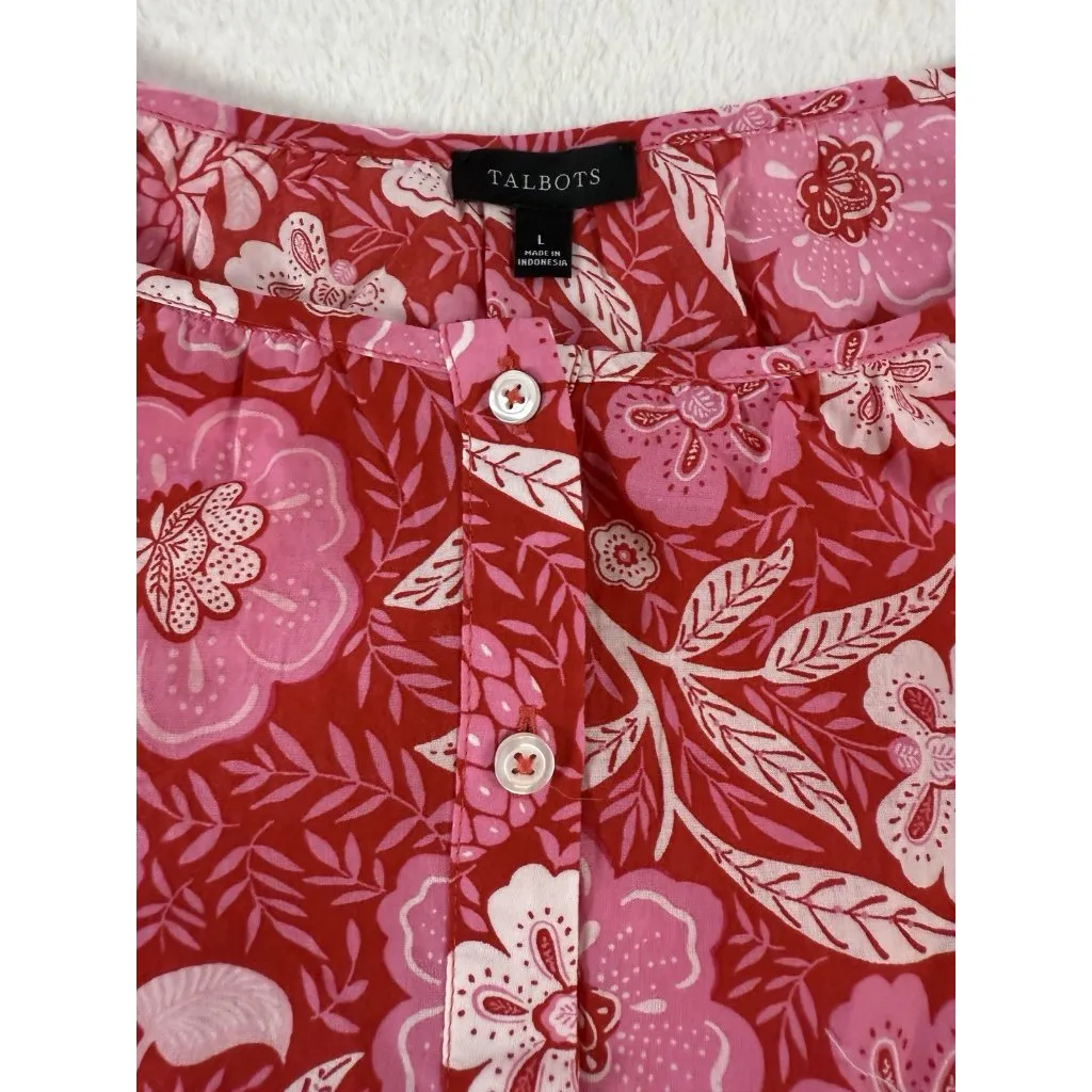 Talbots Floral Paradise Puff Sleeve Popover Blouse Red Pink Valentine’s Day Sz L - Image 7