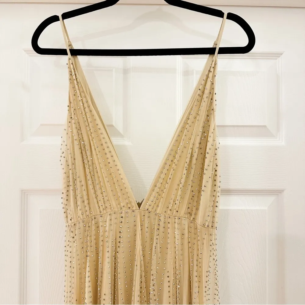 Revolve Divine Heritage Crystal Embellished Mesh Maxi Dress Gown Nude sz Medium - Image 7