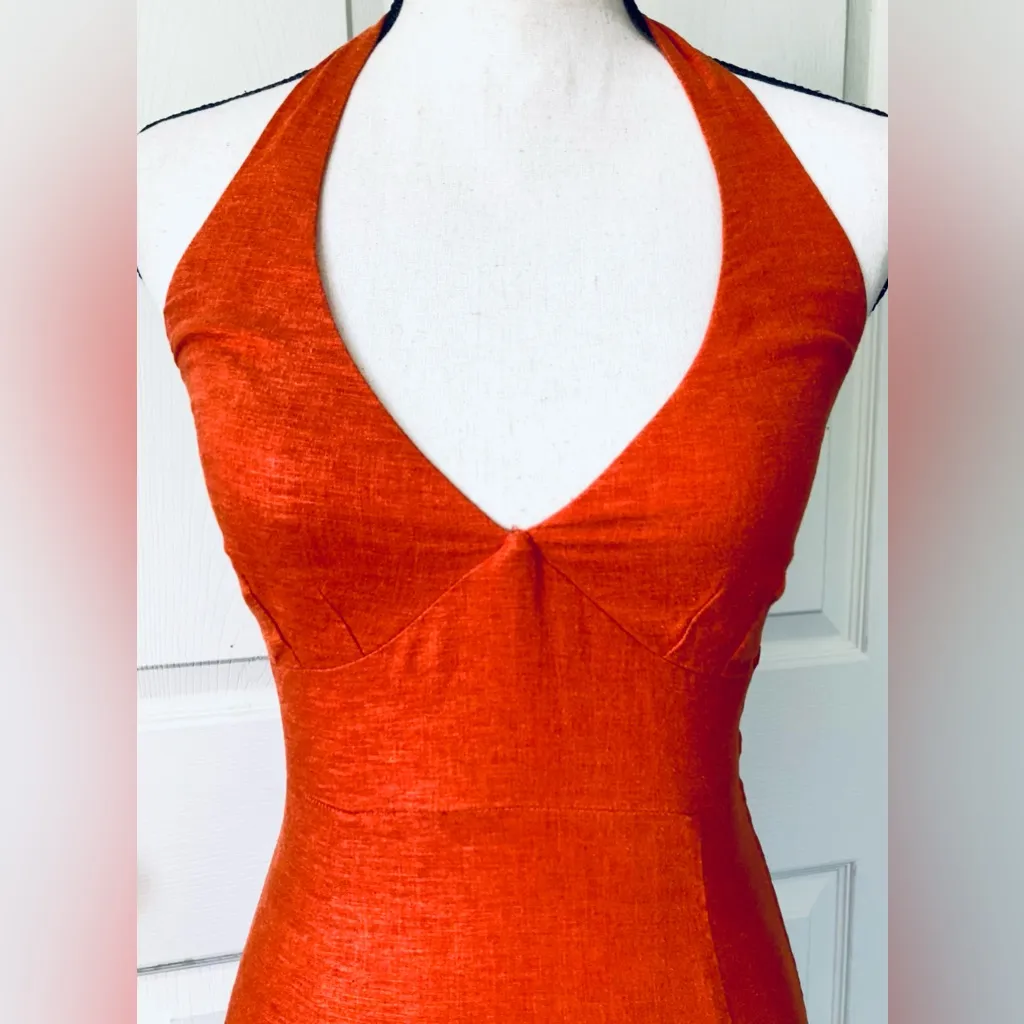 Burnt Orange Halter Midi Dress: Linen Fabric, Fitted & Curvy Shape, by H&M, Sz.4 - Image 2
