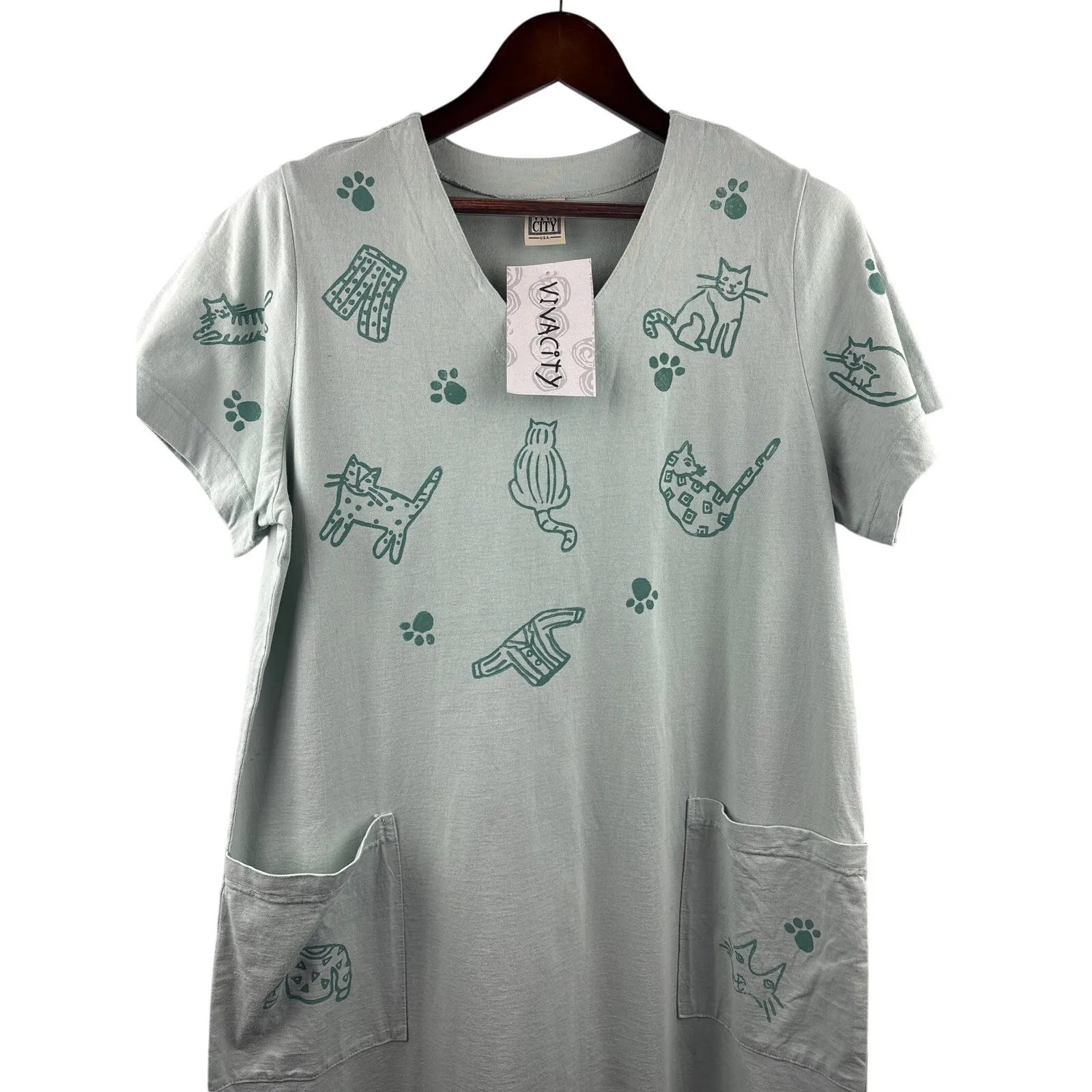 Women’s Viva City XL Sage Green MuuMuu w/ Cat Print - Image 2