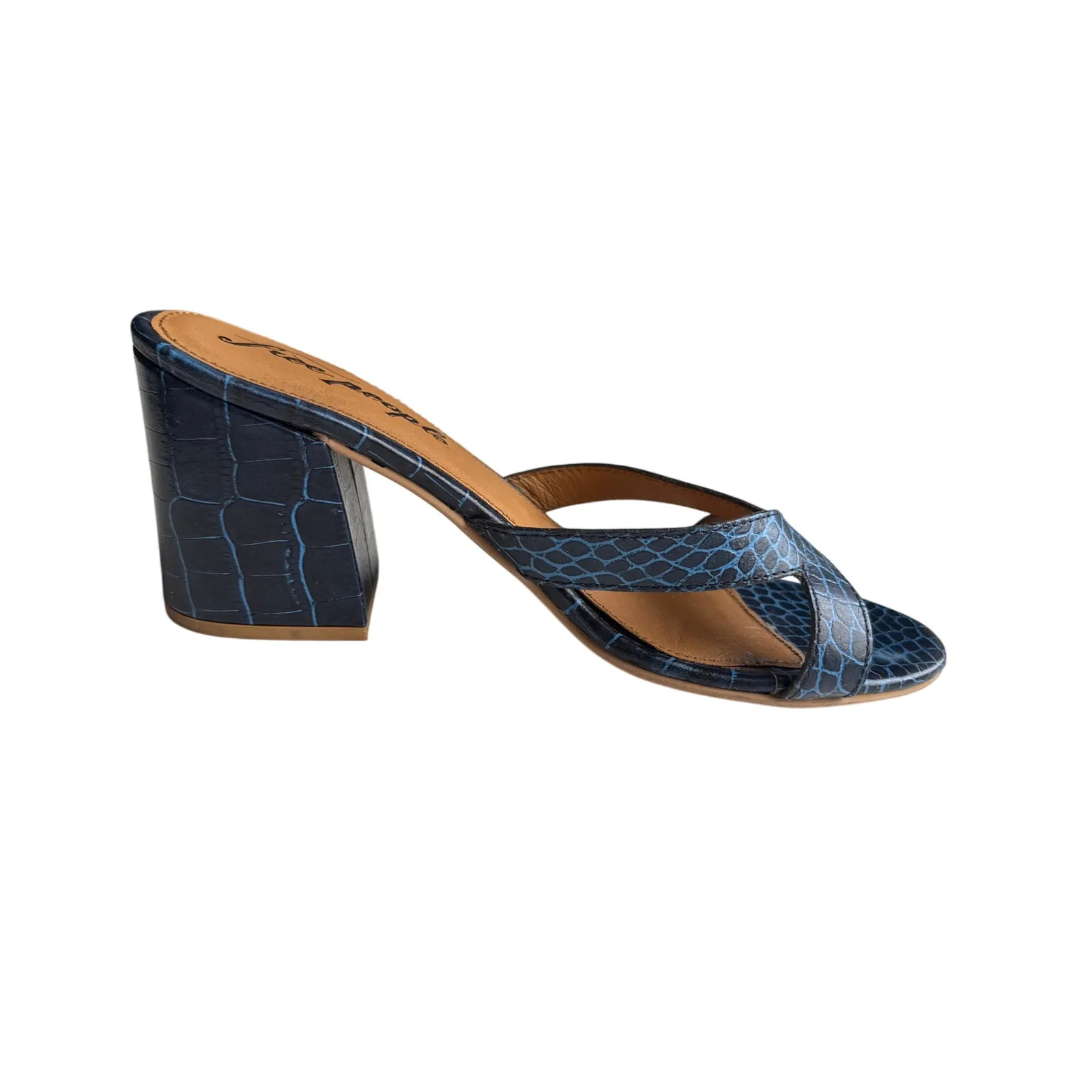 Free People Charlie Croc V Heels Leather Blue Slip-on Sandals Size 40/ US 9.5 - Image 5