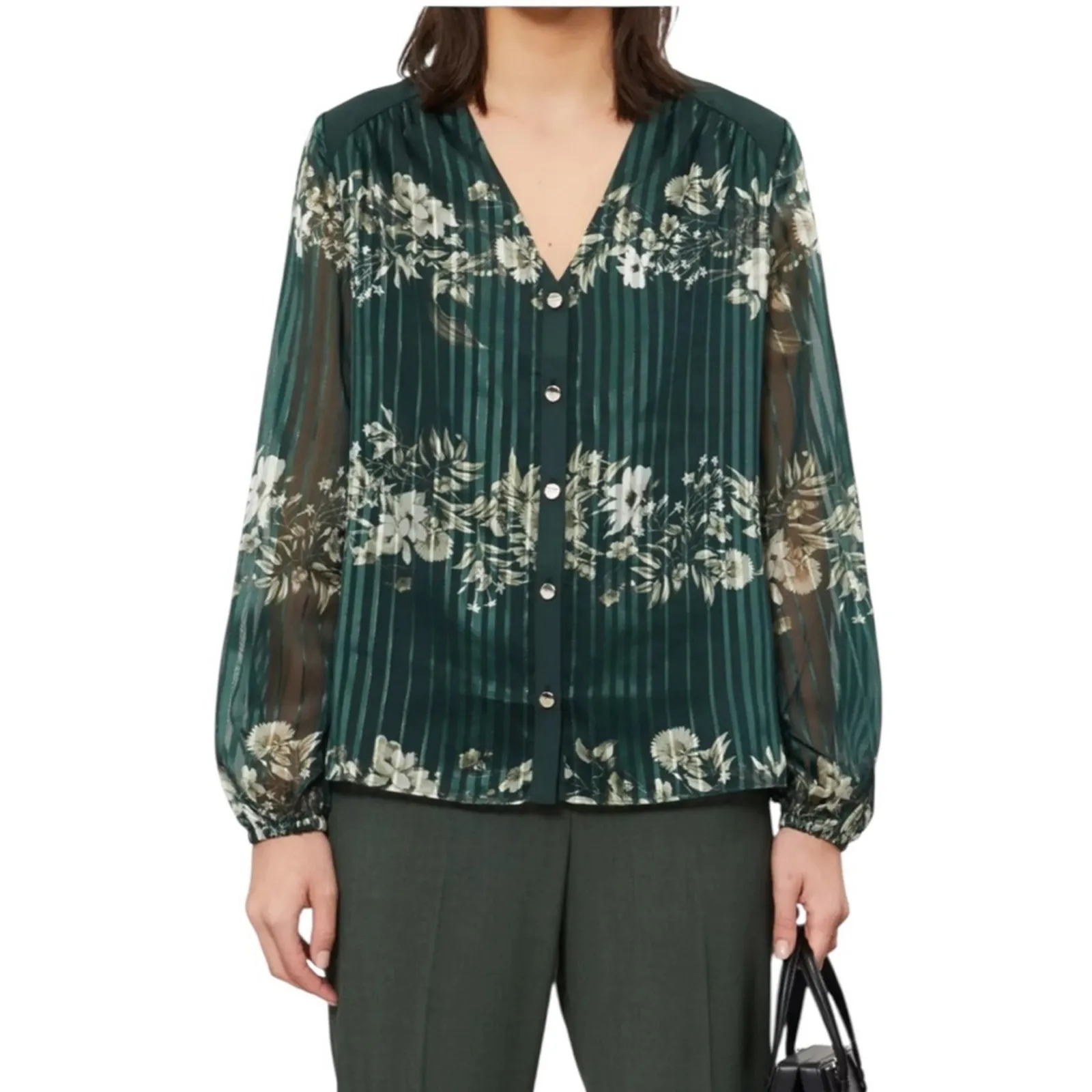 Ted Baker Evelin Floral Print Metallic Crepe Long Sheer Sleeve Green Blouse Sz 4 - Image 4