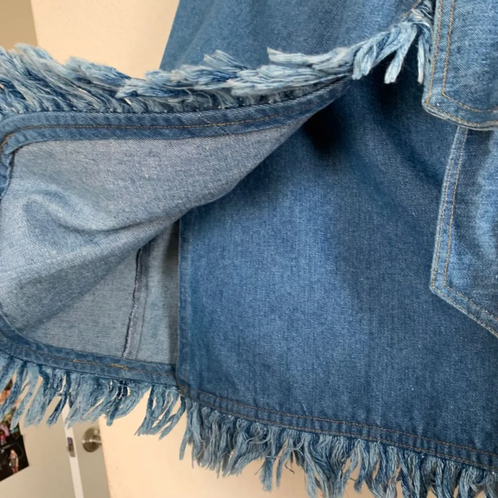 Neiman Marcus Denim Wrap Skirt Fringe - Image 4