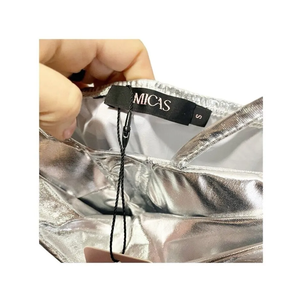 Micas Silver Metallic Sweatheart Neck Midi Dress S Sleeveless Formal NEW - Image 6