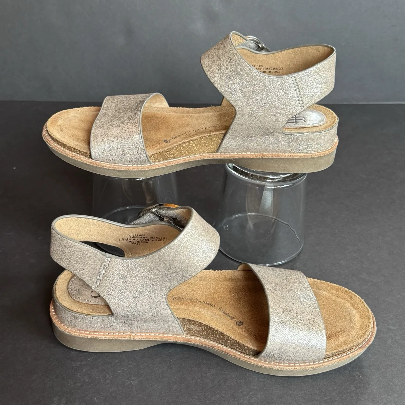 Sofft Bali Leather Sandals Shoes Women US 7.5 M EU 38 Anthracite Silver Metallic - Image 2