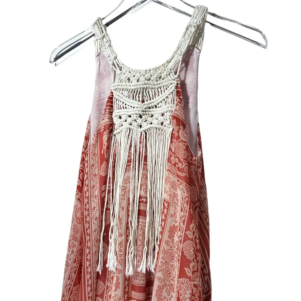Zara Floral Print Fringe Crochet Neck Detailing Maxi Dress in Red/Cream - Image 6