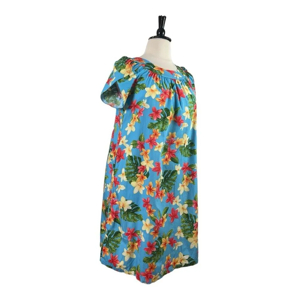 Puanani RJC Hawaiian Vintage Dress Tulip Sleeve Tropical Floral Women Size Large Blue - Image 2