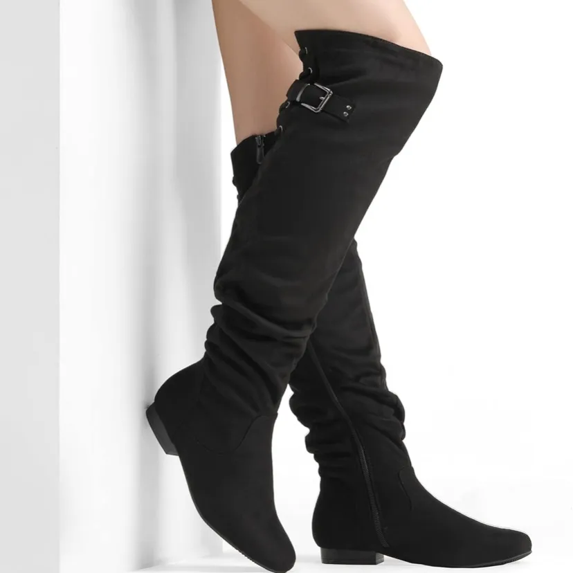 Dream Pairs Women’s 8 Black Suede Over the Knee Fur Ruched Zipper Buckle Boot - Image 5