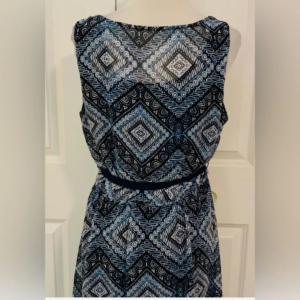 AB Studio Blue Print Sleeveless Belted Defined Waist Knee Length Dress M - Image 7