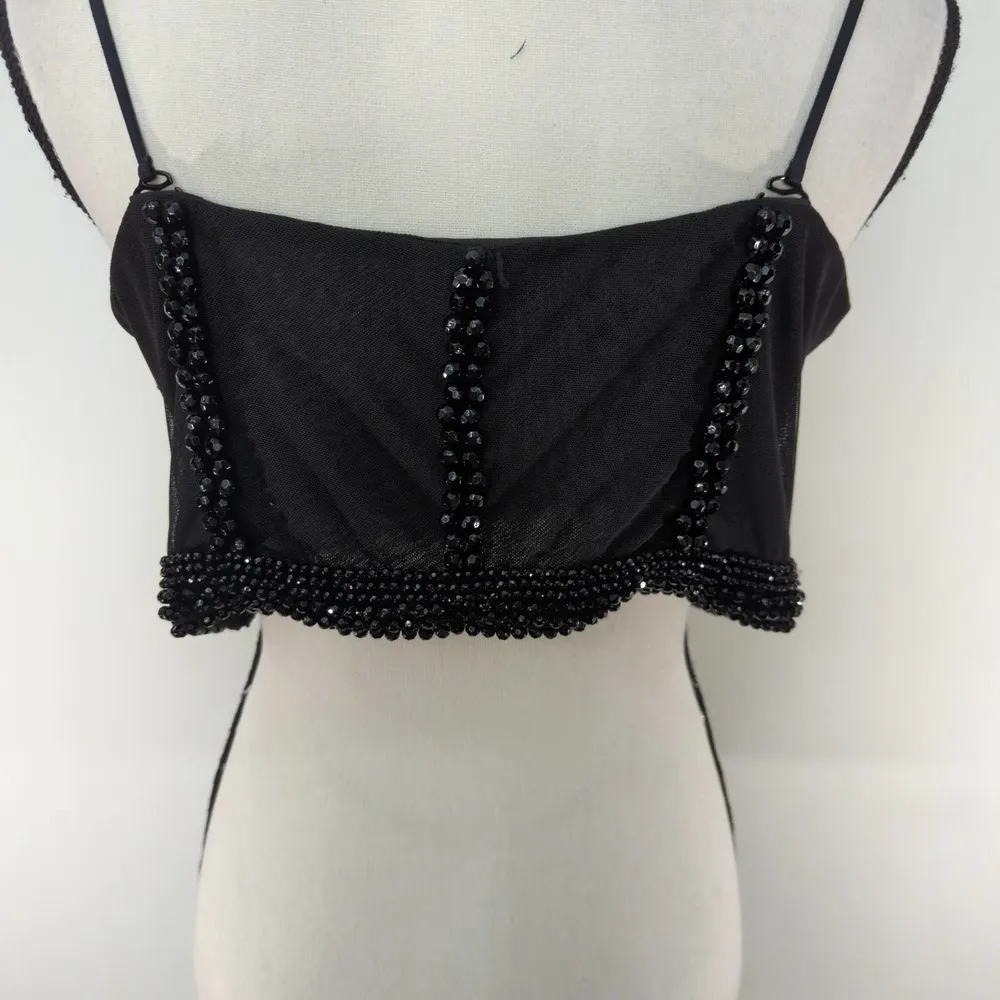 H&M Womens Jeweled Cropped Shirt‎ Top Black Spaghetti Straps L - Image 4