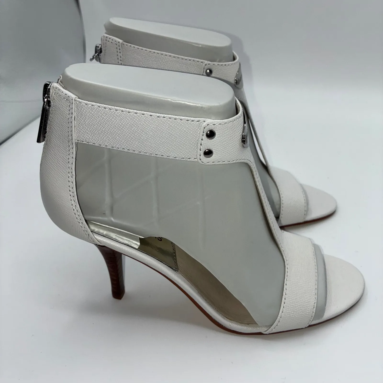 Michael Kors Womens 6M White Leather Open Toe Stiletto Zip Heels Career Party - Image 8