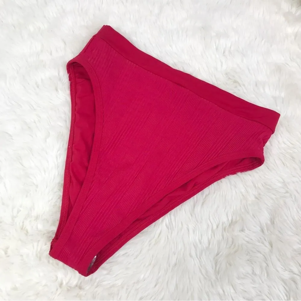 New L*SPACE Frenchi Bottom Bitsy Cut High Waist Bikini‎ Pointelle Rib Red Large - Image 2