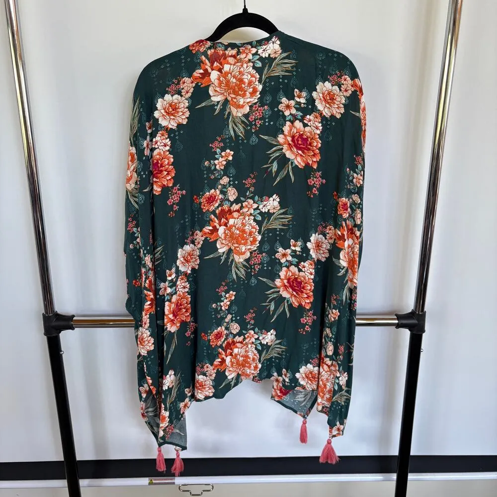 NWT Knox Rose Teal Floral Kimono Top Tassels Bohemian Flowy Feminine Resortwear - Image 3