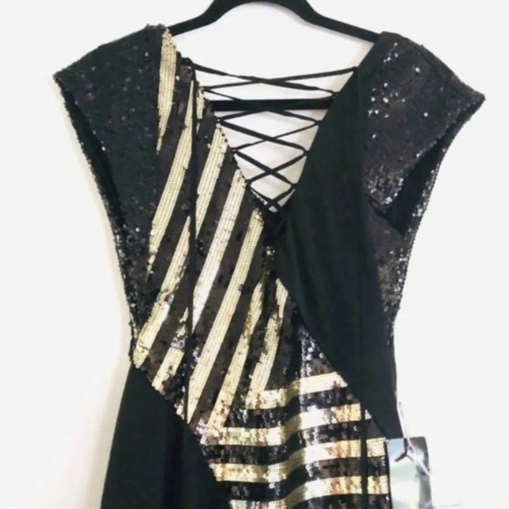 Bebe Dress S NWT Sequin Asymmetrical Sheer Lace Up Holiday New Years Gold - Image 4