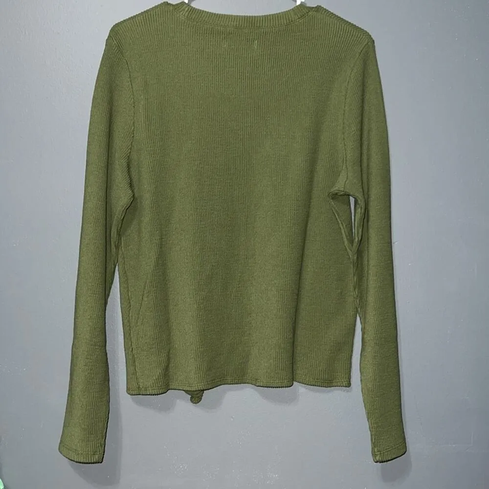 Madewell size large lusterweave crop shirt long sleeve tie front ribbed green - Image 6