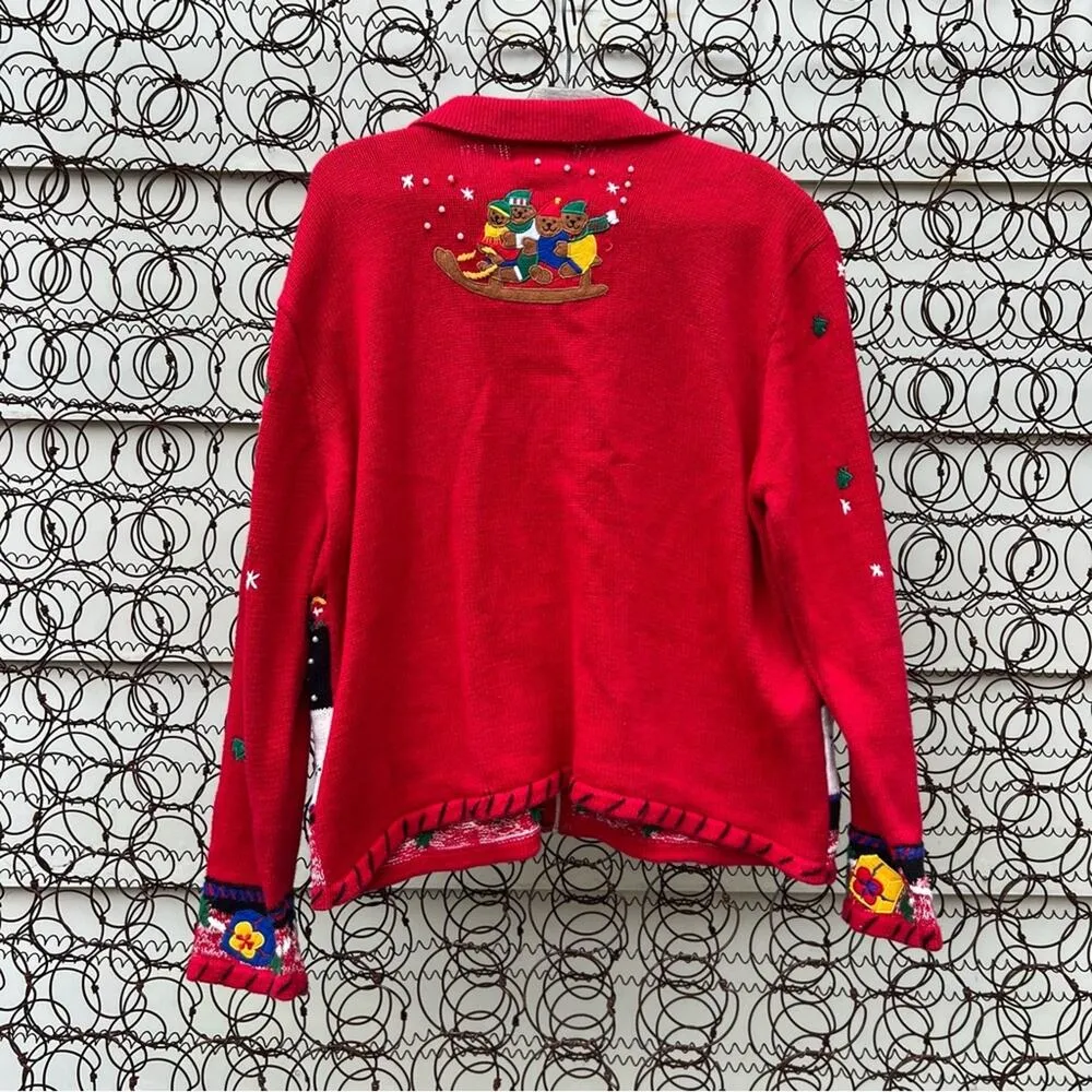 Vintage 90s Ugly Christmas sweater cardigan sledding teddy bears Americana bold Red Size L - Image 2