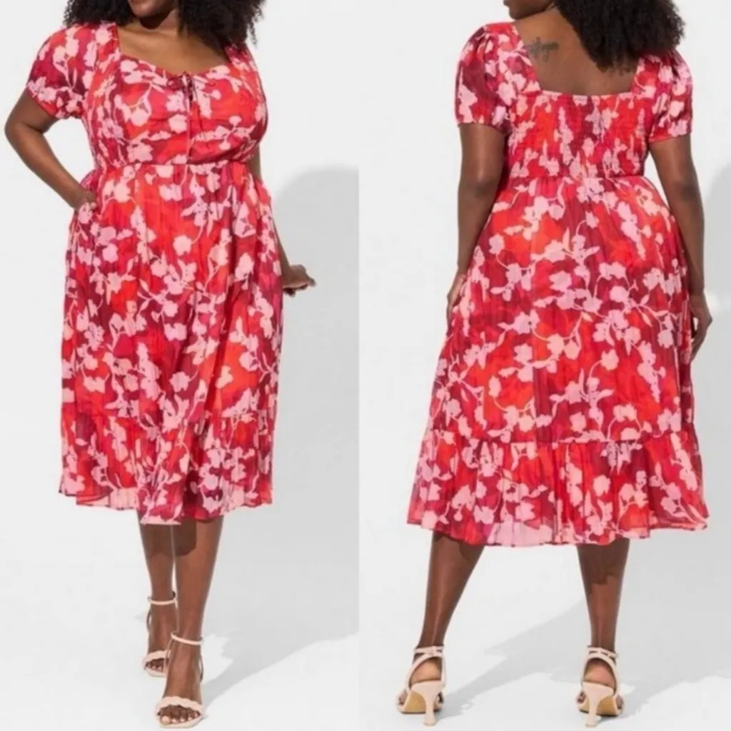 🆕 Torrid PLUS 0X 0 XL Red Orange Floral Flowy Midi Dress NEW NWT Pockets - Image 2