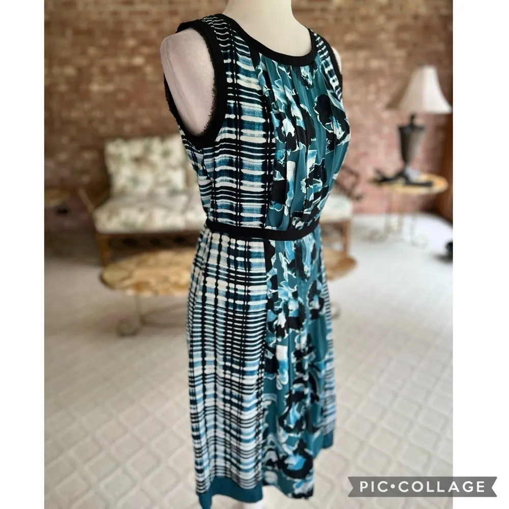 Adrianna Papell Dress Floral Pleated Fit and Flare Teal Blue Sleeveless Belt 4 - Image 15