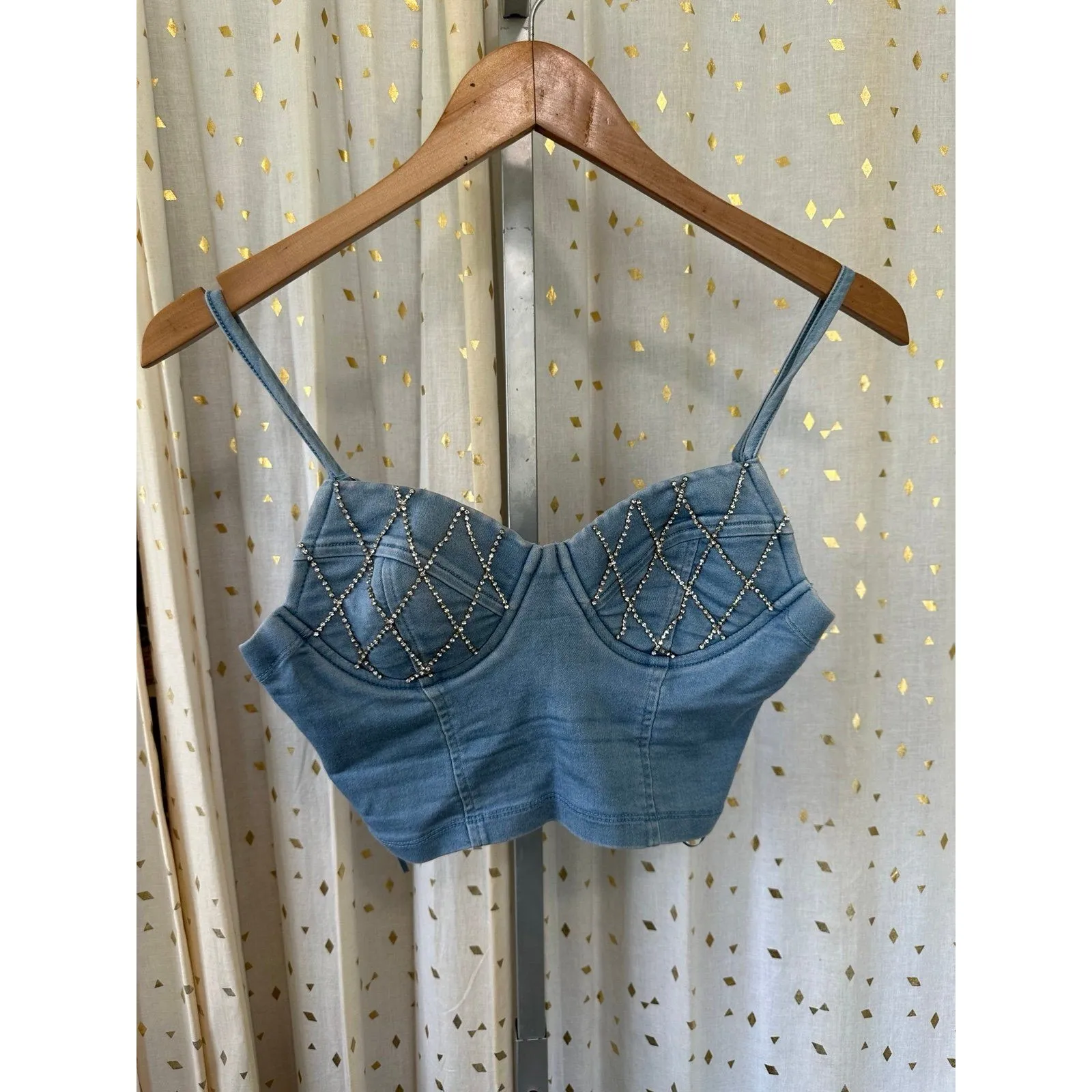 Haute Monde Chambray Denim Rhinestones Wireless Padded Chest Crop Tank Top S - Image 2