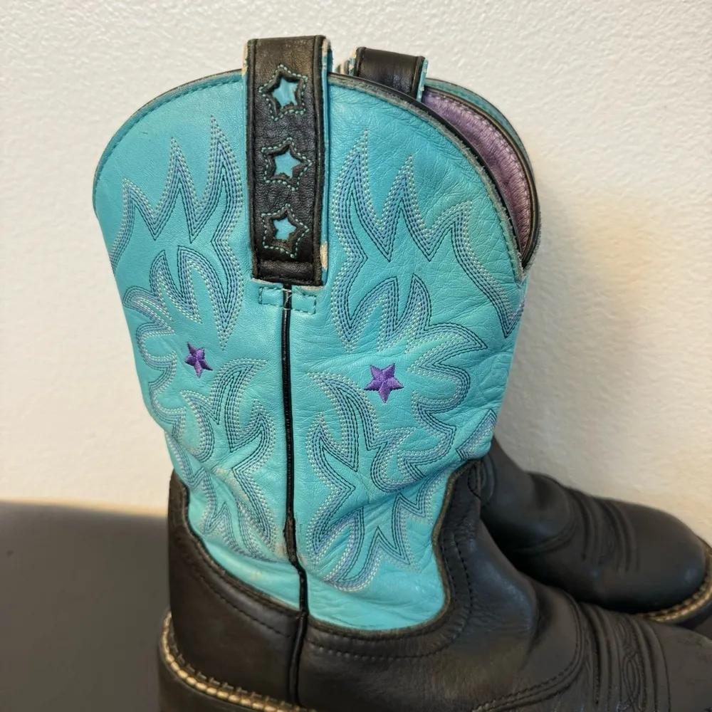 Boots Women's 7B Black Turquoise Blue Leather Western Cowboy Cowgirl - Image 3
