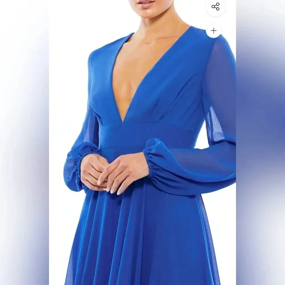 Mac Duggal Blue V-Neck Illusion Long Sleeve Chiffon Gown, 55682, Size 6 (NEW) - Image 2
