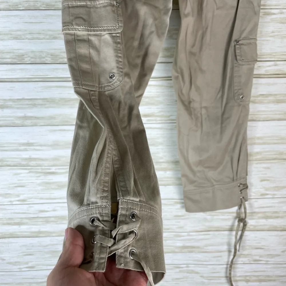 WHBM Khaki Tan Y2K Cropped Lace Up Hem Cargo Pants - Image 3