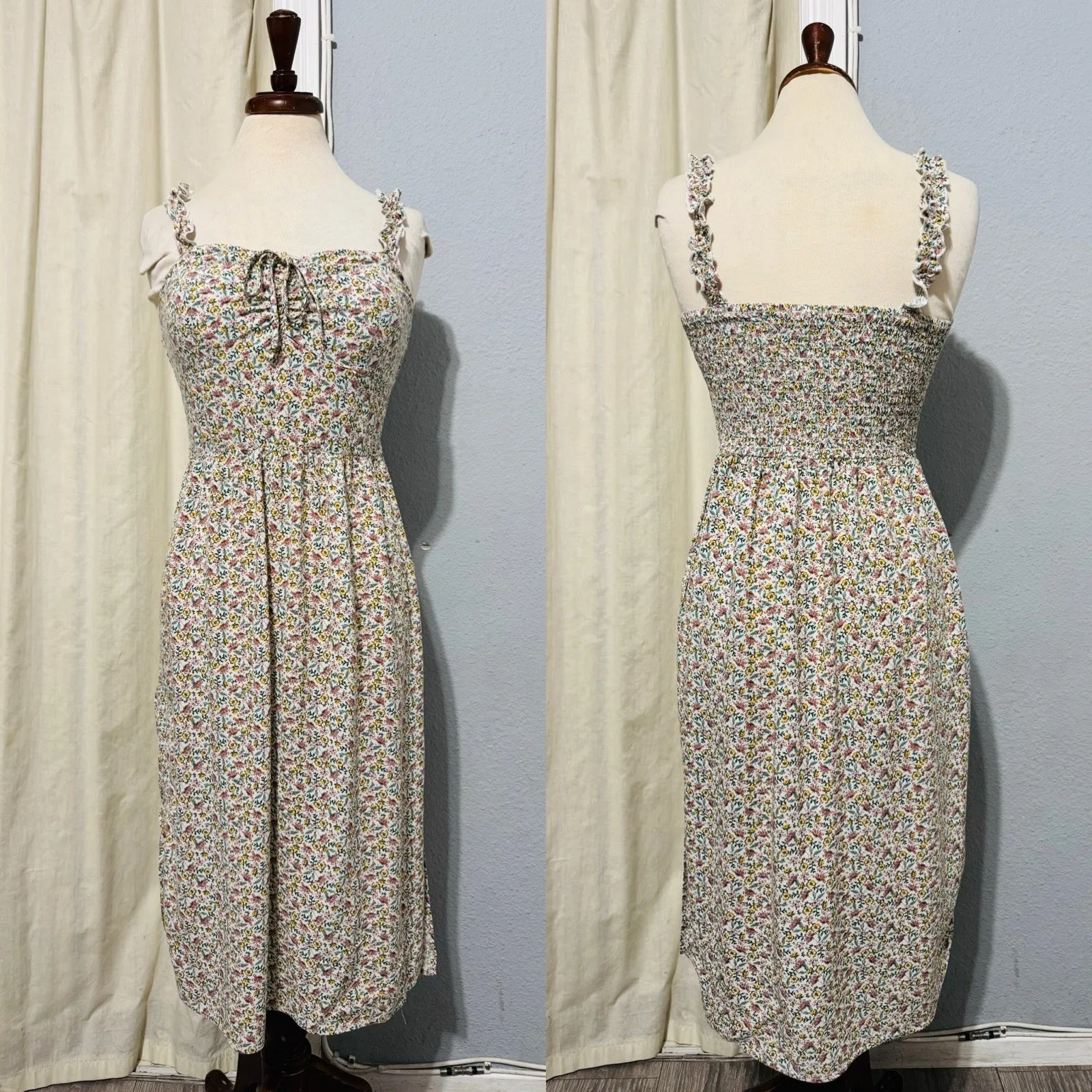 AUW L Green Floral Smocked Tie-Front Ruffle Strap Slit Midi Dress Padded Bra - Image 2