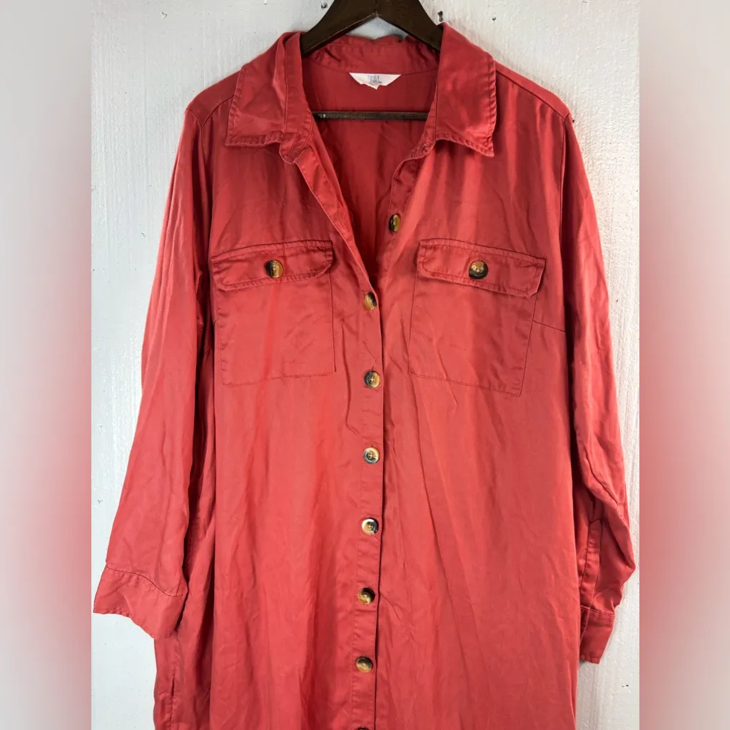 TT XL Pocketed Safari Style Button Down Midi Shirt Dress in Coral Pink - Image 3