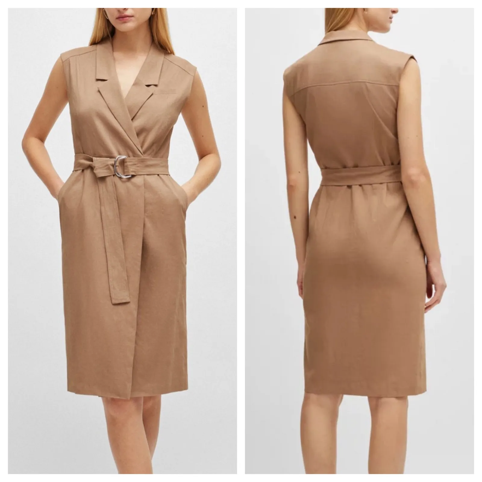 BOSS Linen Blend Wrap Dress New Brown Size 2 - Image 2