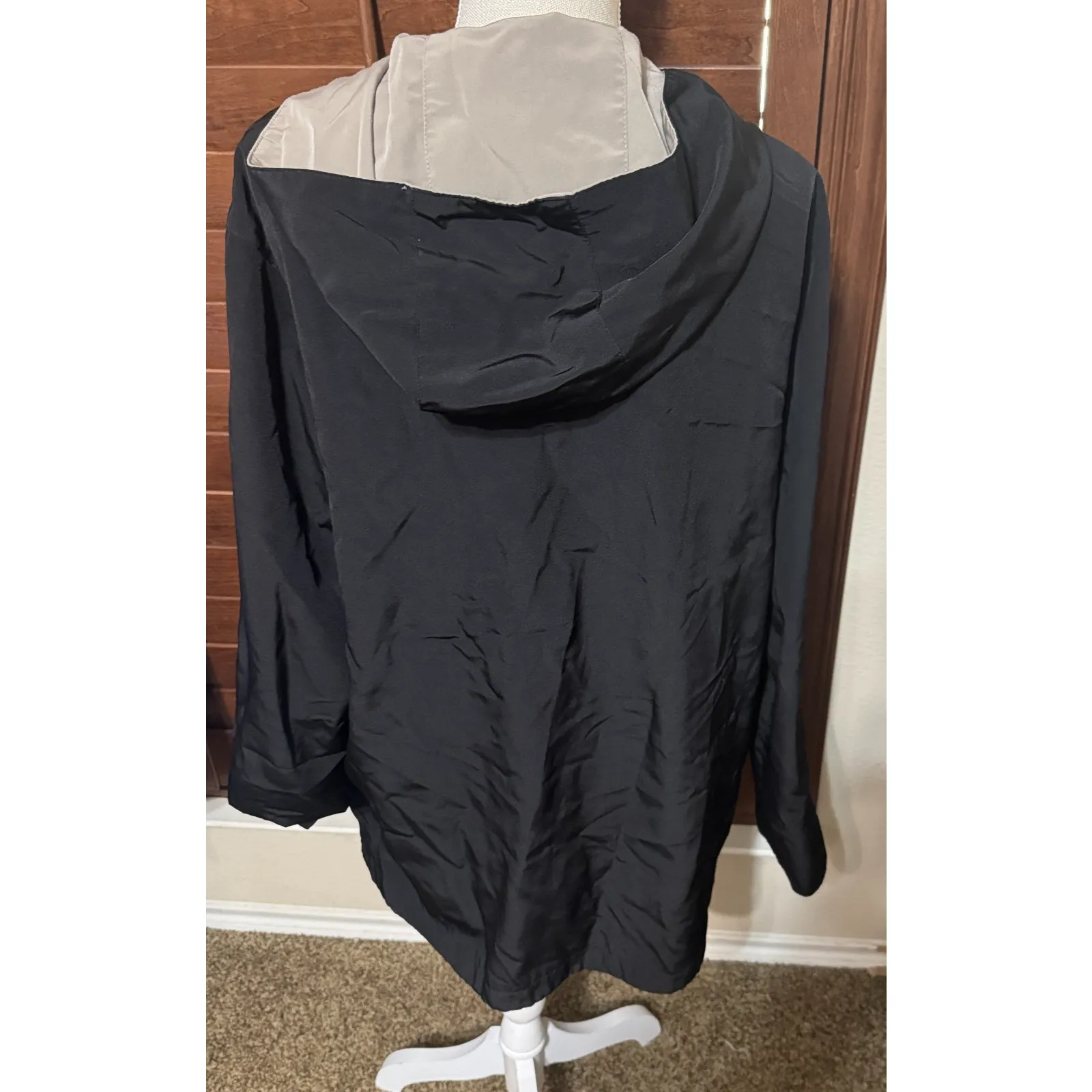 Gallery Reversible Jacket Womens L Black Beige Hooded Full Zip Raincoat - Image 3