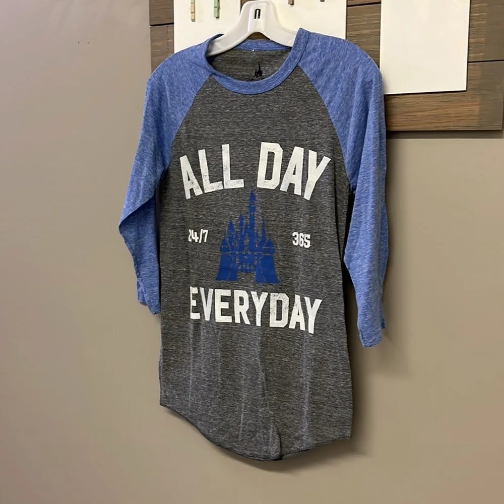 Disney Parks Gray/Blue 3/4 Sleeve Baseball ALL DAY 24/7 365 EVERYDAY Shirt - Image 2