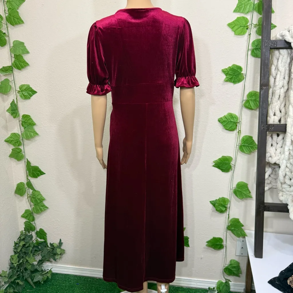 Elegant Burgundy Red Velvet Dress Retro New Size M - Image 10