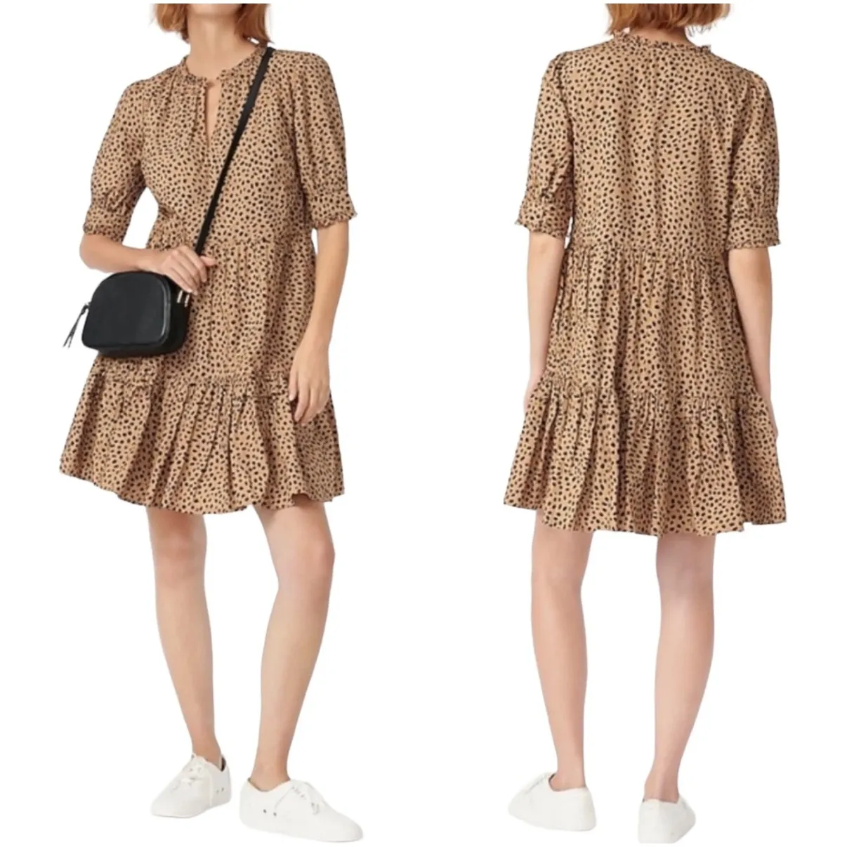 J. Crew Leopard Print Tiered Ruffle Neck & Sleeve Dress Women Medium Popover - Image 2