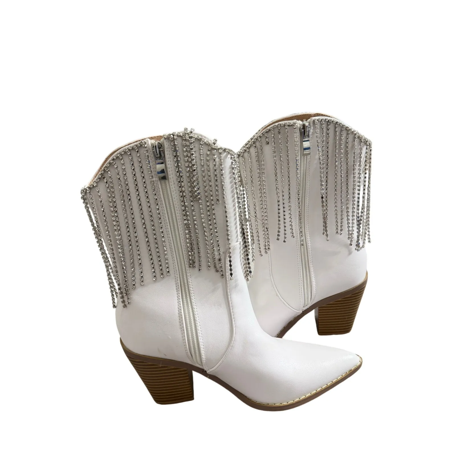Berness Cow Girl Boots Size 5.5 Pointed Toe Block Heel Rhinestone Fringe White - Image 6