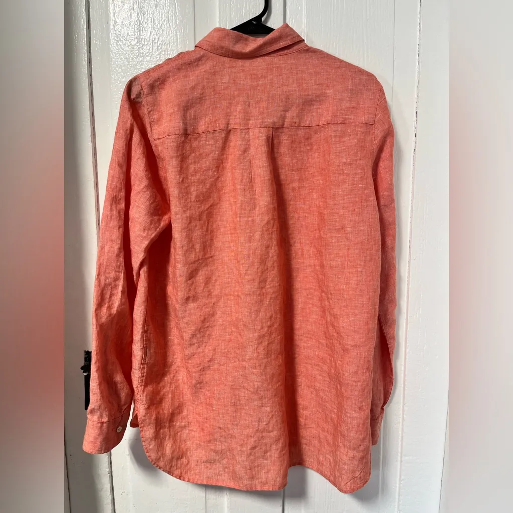 J McLaughlin Britt Linen Point Collar Long Sleeve Button Front Blouse Medium Orange - Image 4