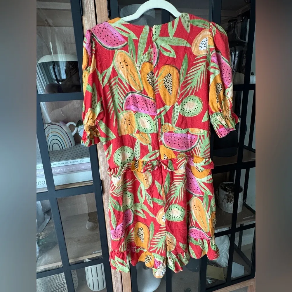 FARM RIO linen romper papaya fruits watermelon colorful beaded ruffle playsuit Red Size L - Image 9