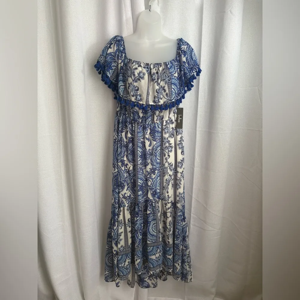 Lulus |‎ De La Sol Blue and White Print Off-the-Shoulder Midi Dress NWT 0315 - Image 4
