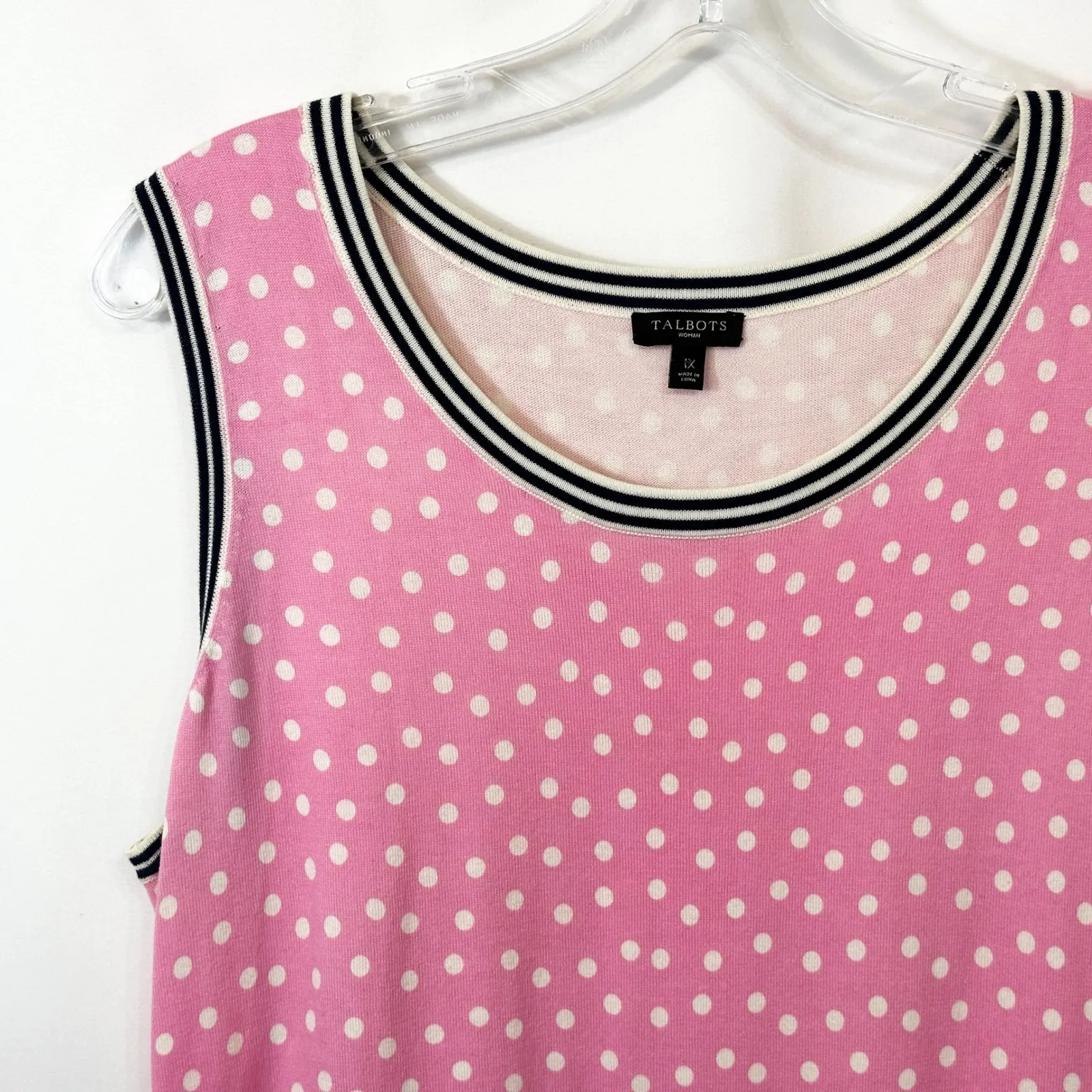Talbots Plus Size 1X‎ Tank Top Pink White Polka Dot Sleeveless Knit Preppy 1716 - Image 3